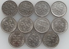 Finland Set 11x 5 Markkaa 1952-1962, Iron / Nickel plated iron!!