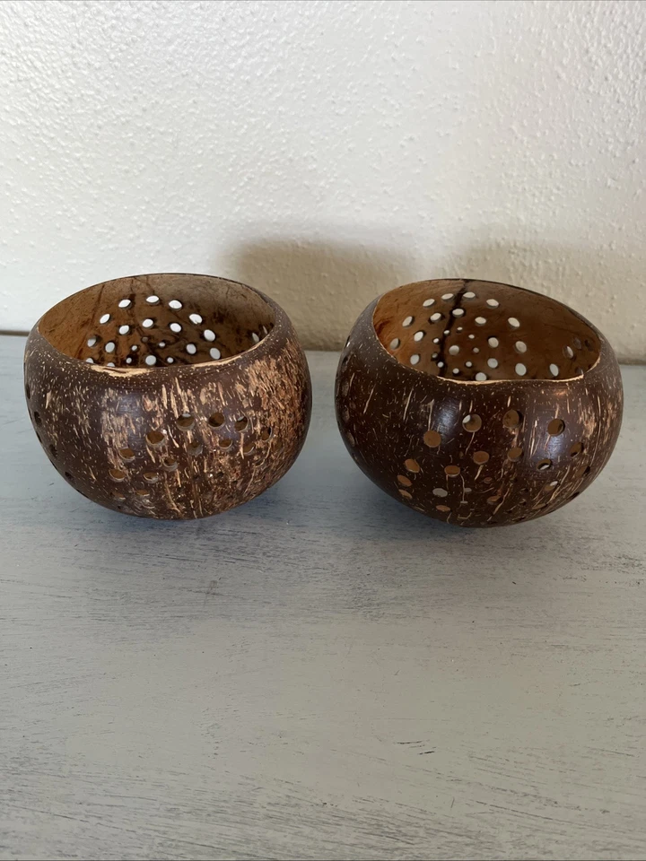 Carved Coconut Shell Votive, Tea Light Holders, Set Of 2 - Image 3 of 4
