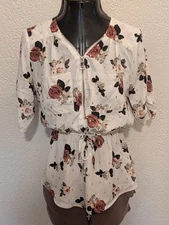 Justify Rose Gold Floral Print Boho Feline White Shirt Zipper 3/4 Sleeve Small