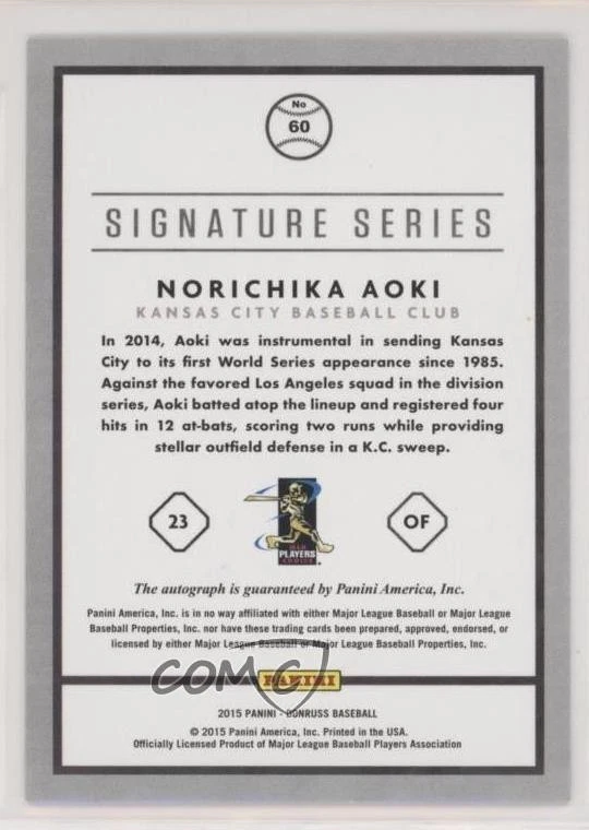 2015 Panini Donruss Signature Series Red /49 Norichika Aoki #60 Auto - Image 2 of 2