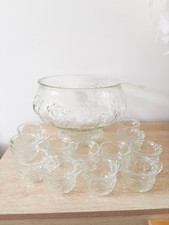 Vintage 1960s Jeanette Crystal Glass Large Fruit Punch Bowl 12 Glasses and Ladle