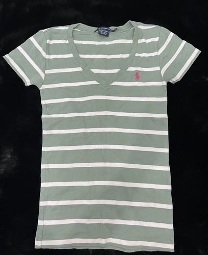 Ralph Lauren Sport V-neck Short Sleeve Tee Size S Striped Fitted Y2K - Picture 1 of 7