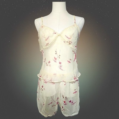 Vintage Y2K Calvin Klein Pajama Set Medium Yellow Floral Dainty Sheer Lace