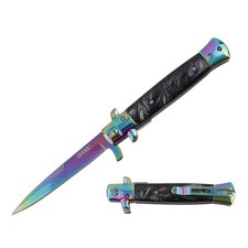 9"" Stiletto Style Rainbow Blade Spring Assisted Folding Knife With Black Inlay