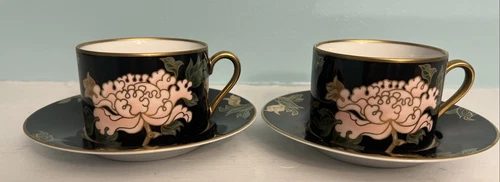 2 Fitz And Floyd Cloisonné Peony Black Cups And Saucers