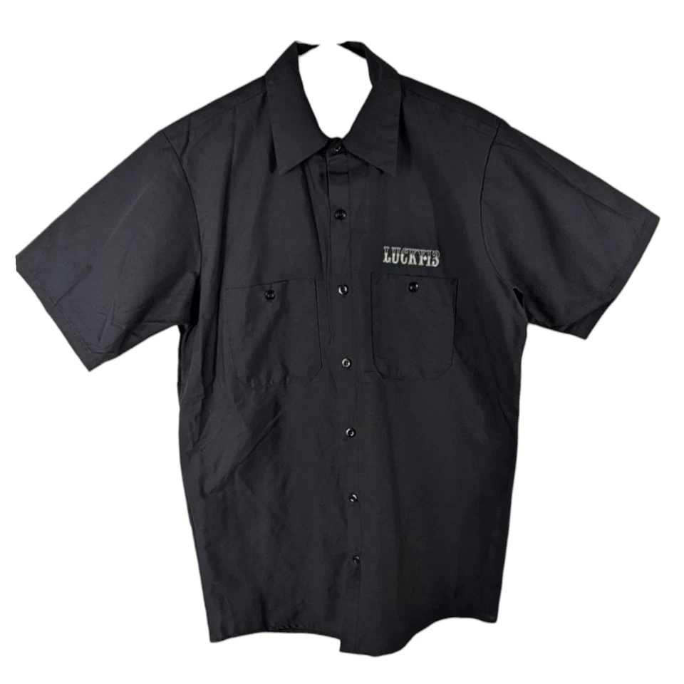 Lucky 13 Shirt Mens Medium Pinup Girl Cards Poker Black Graphic Bikini Biker - Image 3 of 4