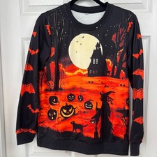 Halloween Spooky Graveyard Witch Pumpkin Graphic Sweatshirt Orange Black Medium