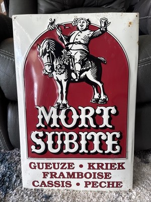 Mort Subite Man On Horse Beer Sign Glossy metal Advertisement VINTAGE