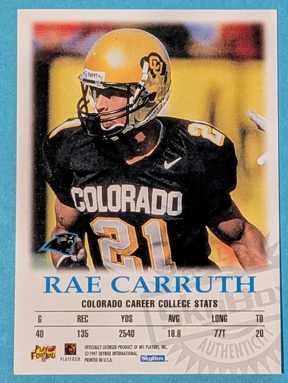 1997 SKYBOX PREMIUM RAE CARRUTH AUTOGRAPHICS ON CARD AUTO ROOKIE PANTHERS RC