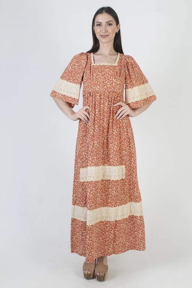 Vestido Vintage Años 70 Kimono Manga Campana Otoño Calicó Floral Encaje Cottage Maxi 9 Foto 2 de 4