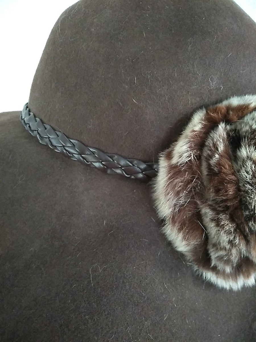 SAKS FIFTH AVE FLOPPY HAT BROWN WITH BROWN BRAIDED LEATHER 