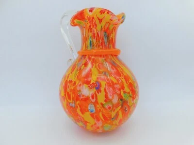 UNMARKED Orange Millefiori Pitcher Vase , New in Box, Murano Style Heavy Art Glass Vase