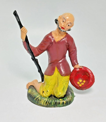 Vintage Nativity Creche Figure Seated Shephard w/ Staff & Hat Composition Italy