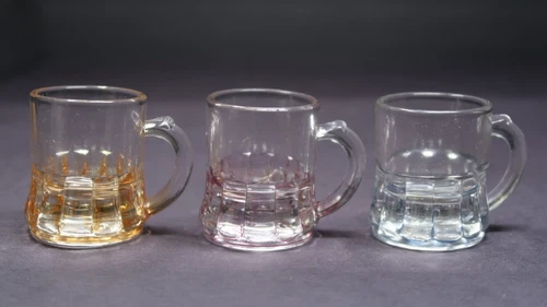 Lot of 3 Vintage Federal Glass Company Colored Shot Mugs Purple Blue Yellow 1.9"
