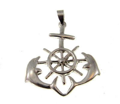 Handgefertigter massiver 925 Sterling Silber Helm (Rad) & Delfine Anker Anhänger 
