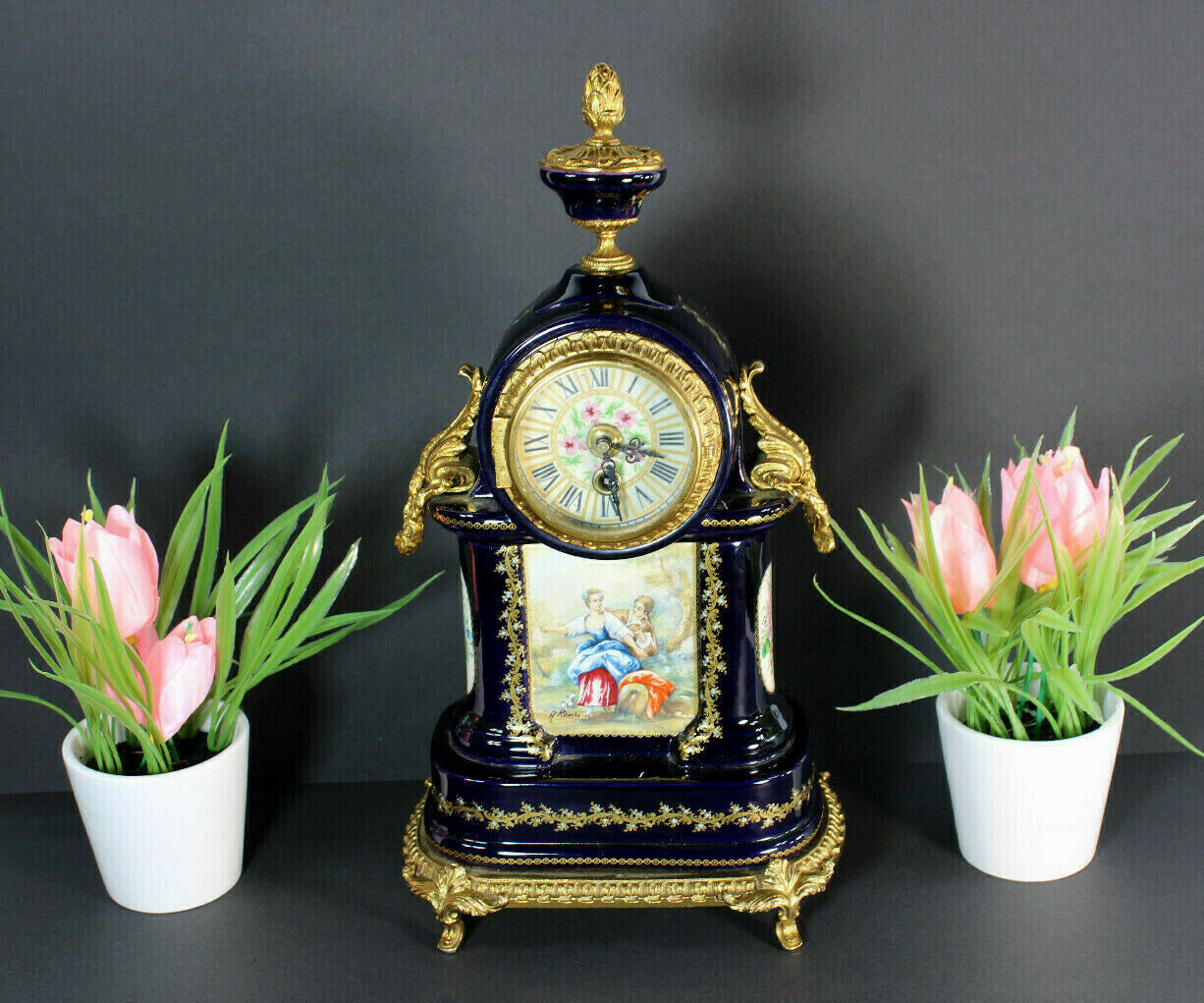 Vintage ACF sevres porcelain table clock victorian scene marked 