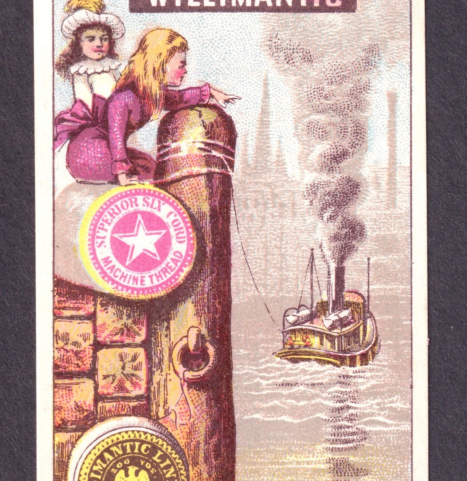 Willimantic Sewing Thread Linen Spool Ad Ship Dock Fantasy Victorian Trade Card - Image 4 of 4