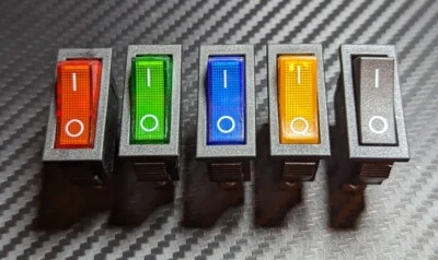 Rocker Switch LED or Neon 230V AC Mains DC SPST Red Green Blue Yellow Black