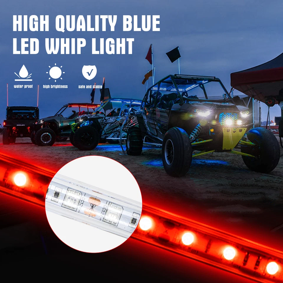 2X 3FT LED Whip Light RED Antenna Light Fit For RZR Polaris Offroad ATV UTV 4WD - Image 2 of 4
