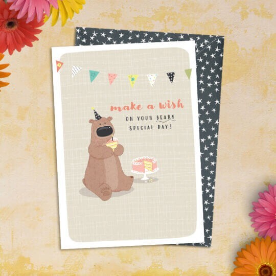Make Wish Birthday Card Special Day Cake Bear - Fun Illustrated Greeting Card