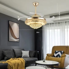 42"/36" LED Crystal Chandelier Invisible Ceiling Fan Light 3-Color Lamp w/Remote