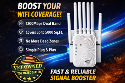 WiFi Extender 1200Mbps WiFi Booster Signal Amplifier w/ Dual Antennas & Ethernet