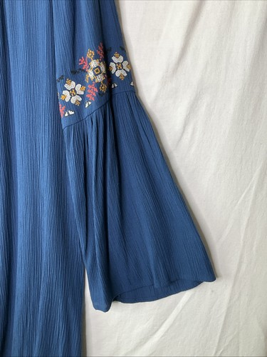 Blau Regen bestickt gefüttert Bauern Boho Tunika Bluse Kleid Glockenärmel fließend L - Bild 4 von 9