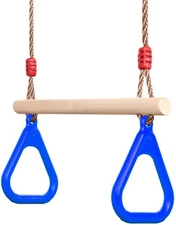 Playground Children's Wooden Trapeze Swing Bar with Plastic Gym Rings Swing
