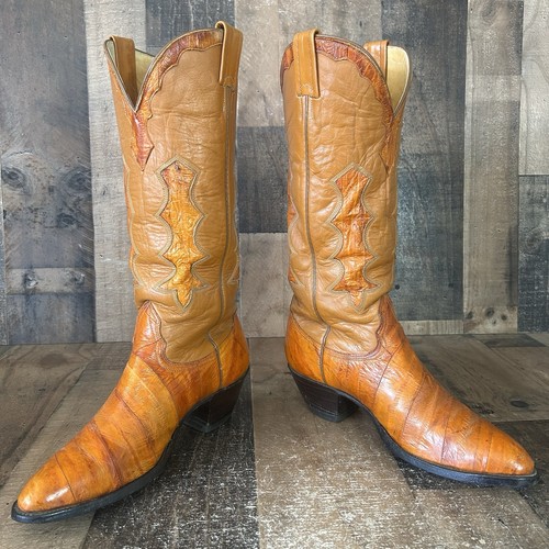 Nocona Vintage Eel Skin Leather Inlay Western Cowboy Boots Womens 8.5 C