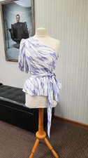 Nine West One Shoulder Abstract Print Chiffon Bow Ruffle Blouse White Lavender L
