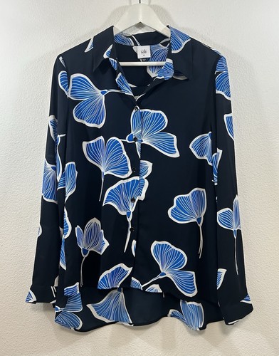 Cabi #6080 Button Front Blouse Floral Semi Sheer Regal Blue White Size Medium M
