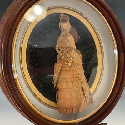 Antique Corn Husk Doll in Oval, Mahogany Shadow Box~Diorama