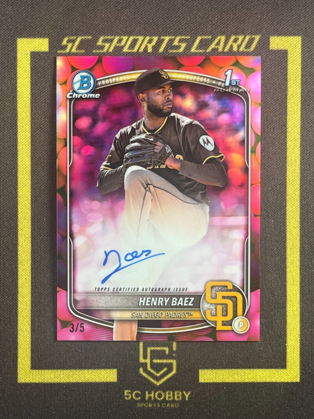 2025 Bowman Chrome 1ST Prospect Bubble Gum Auto 3/5 SSP Henry Baez FCOU