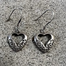 Vintage Designer Open Heart Shape Sterling Silver Dangle Earrings Signed