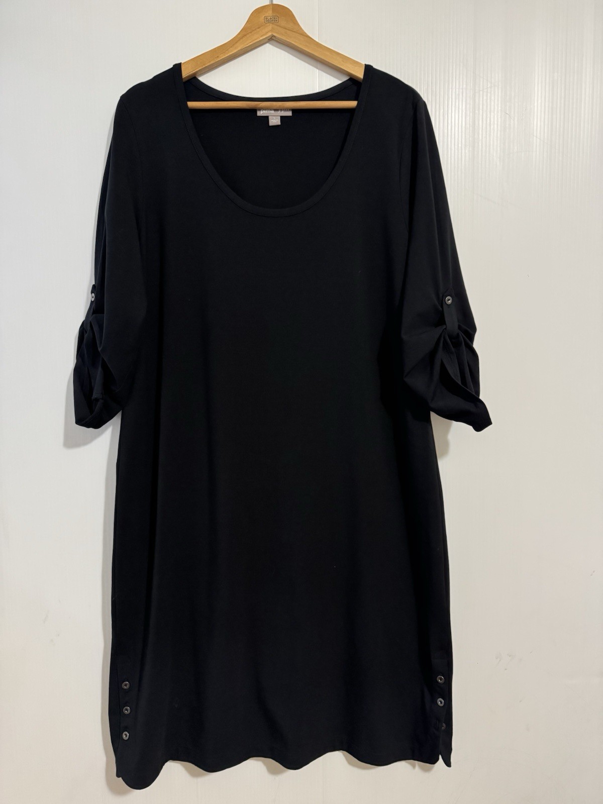 J. Jill Perfect Pima Shift Dress Roll Tab Sleeve Button Black Size L Women’s