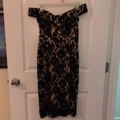 Lulus Women's Bodycon Dress XS Black/Beige Lace Floral Lined Off Shoulder Midi