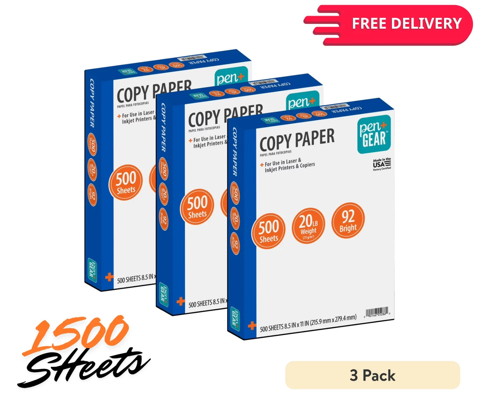 1500 Sheets - Copy Paper, 8.5" x 11", 92 Bright, 20 lb., 3 Reams Free Shipping