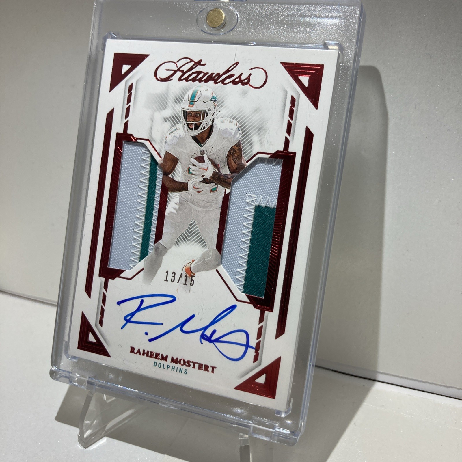 2023 Panini Flawless Raheem Mostert Auto /15 Ruby Dual Patch Autographs Miami view 2