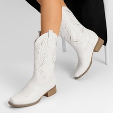 Women Retro Riding Cowboy Boots Mid Calf Cowgirl Boots Square Toe Western Boots