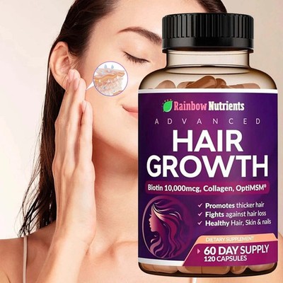NEW Rainbow Nutrients ADVANCED Hair Growth Vitamins   Biotin 10,000mcg, Collagen