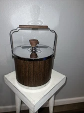 Vintage Atapco MCM Faux Wood Grain Vinyl Chrome Ice Bucket Barware Mid Century