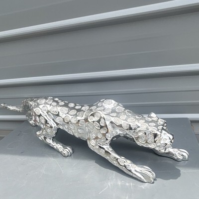 Silver Metallic Metal Spotted Cheetah Figurine Sculpture 3D Effect