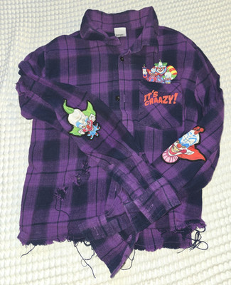 Killer Klowns From Outer Space Cropped Flannel Shirt Purple Plaid Size S 17x19.5