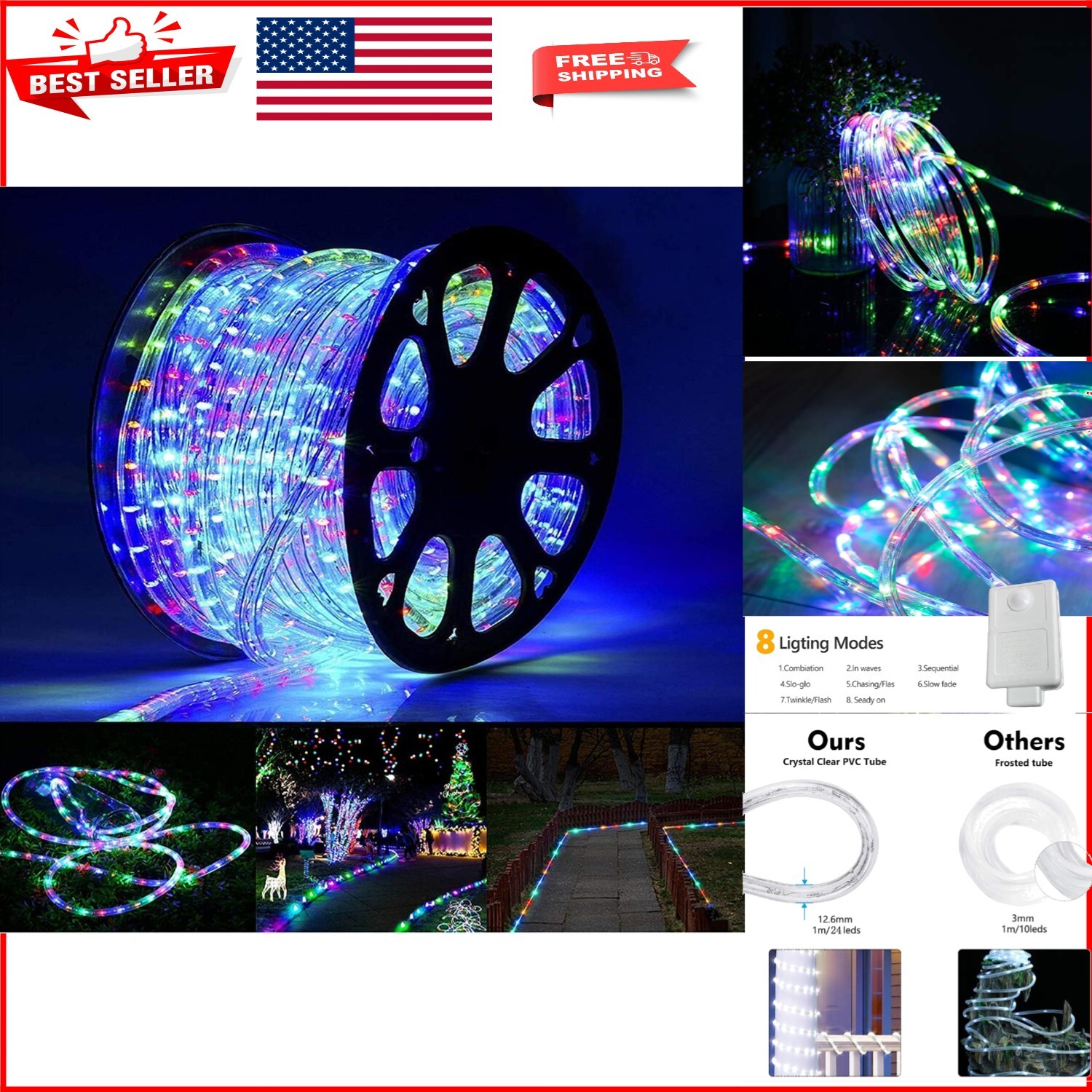 100ft LED Rope Lights - Waterproof Multicolor for Outdoor & Indoor Decoration