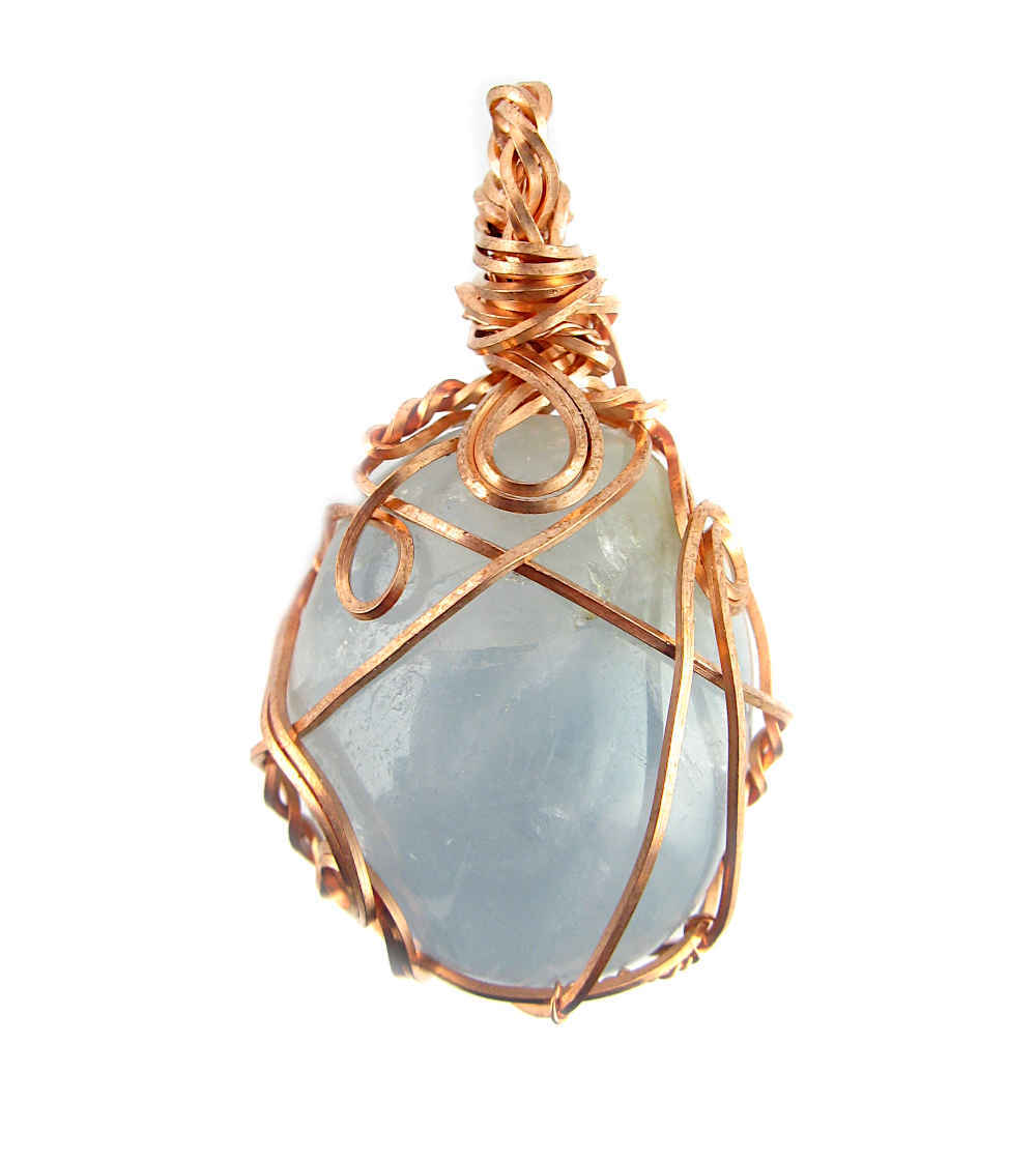 Polished Celestite Crystal Pendant Necklace Copper Wire-Wrapped Chain  Handmade