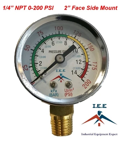 Air Compressor Pressure / Hydraulic Gauge 2" Face Side Mount 1/4" NPT 0-200 PSI