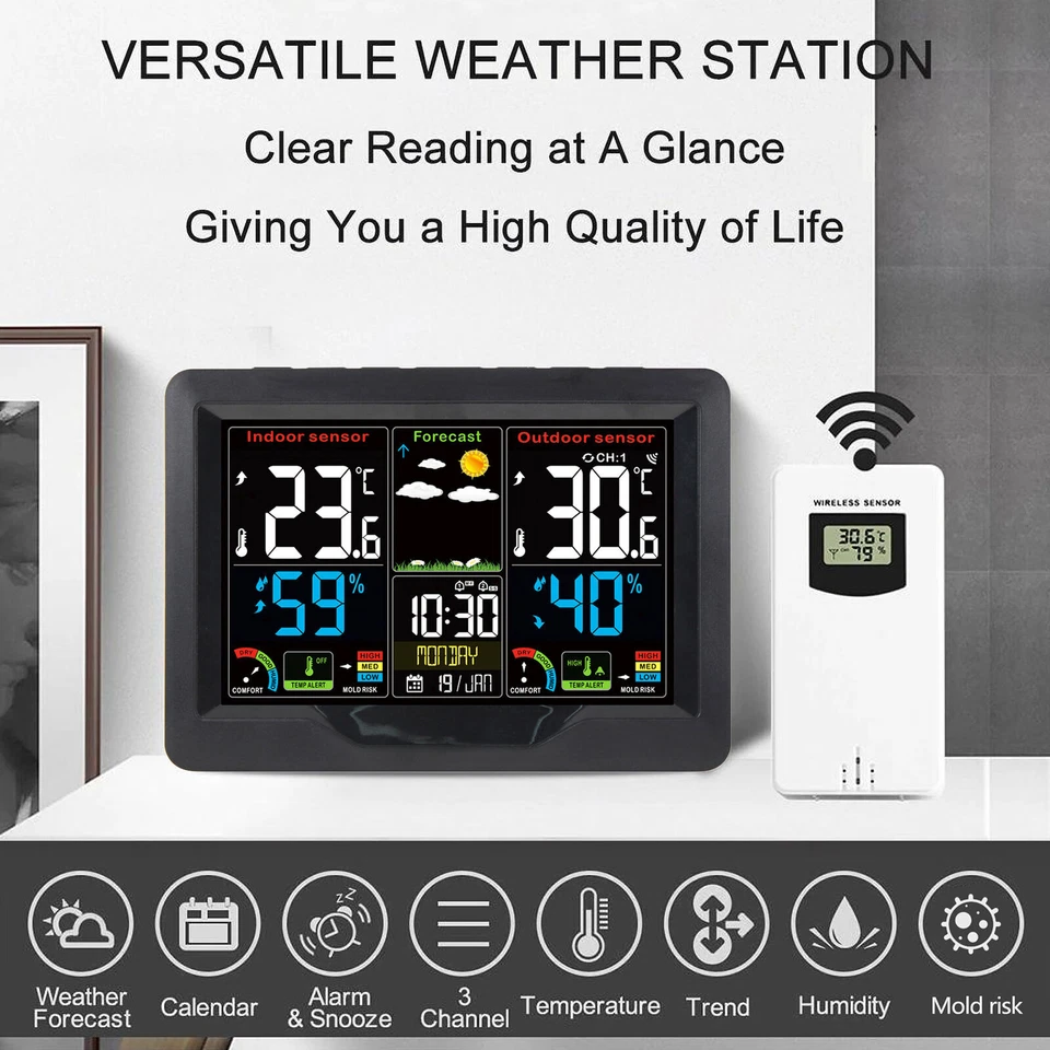Digital LCD Weather Station Clock Indoor & Outdoor Calendar Thermometer Wireless - Image 3 of 4