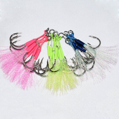 20 Pairs Metal Jig Assist Double Hooks Thread Feather Slow Jig Saltwater Hook