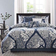 Madison Park Vienna King Comforter Set 7 Piece Cotton Indigo Down Alternative