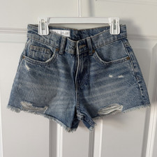 ZARA Girls Blue Denim Cut-Off Shorts Distressed Pockets Zip, Size 10